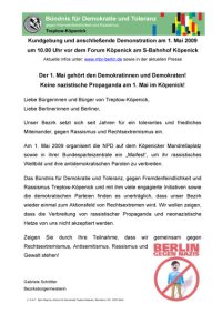 1. Mai 2009: 1. FC Union Berlin e.V. unterstützt den Demonstrationsaufruf des Bündnisses für Demokratie und Toleranz in Köpenick