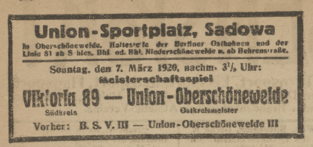 Ankündigung des Spiels SC Union Oberschöneweide vs. FC Viktoria 89