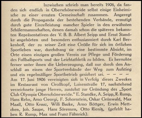 Bericht zur Gründung von Olympia Oberschöneweide in der Festschrift zum Jahrestag des SC Union Oberschöneweide von 1931