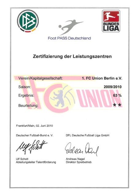 DFB & DFL würdigen ausgezeichnete Nachwuchsarbeit des 1. FC Union Berlin
