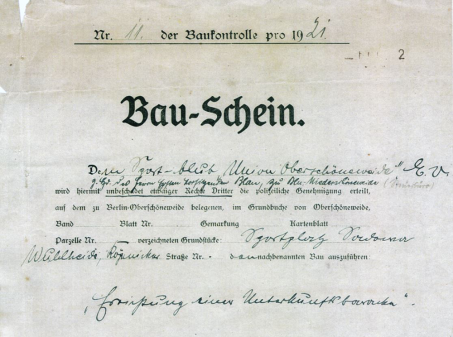 Genehmigung des Gemeindebauamtes Oberschöneweide zur Errichtung eines Unterkunftsgebäudes, 1921