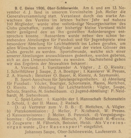 Official renaming of the club to SC Union-Oberschöneweide and the venue on Kunheimstrasse in a publication to mark the anniversary of the club in 1931