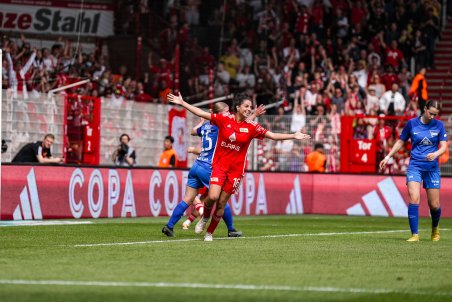 Sarah Abu Sabbah wheels away in delight having scored her third goal against Hertha BSC at the Alte Försterei