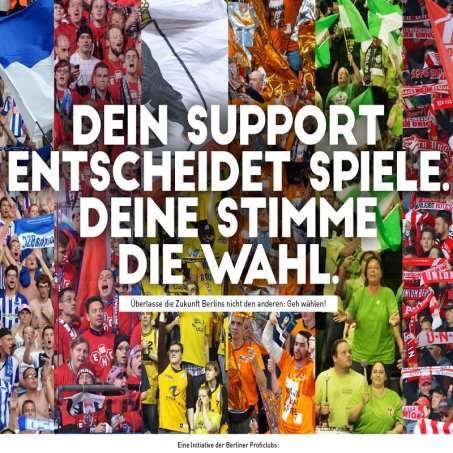 Wahlaufruf der Berliner Proficlubs: „Dein Support entscheidet Spiele. Deine Stimme die Wahl.“